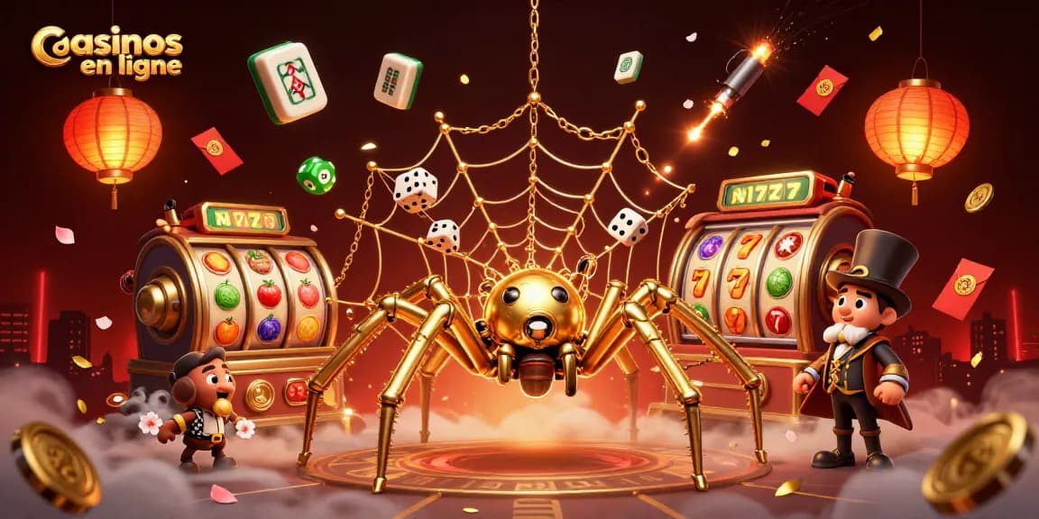 Illustration animée de la scène de casinos en ligne avec une araignée dorée steampunk et des éléments de jeux captivants.