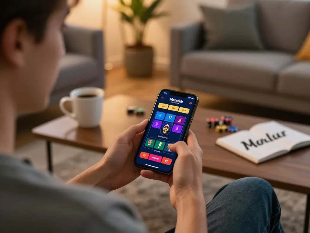 Person using the manclub app on smartphone for live dealer games in a cozy home setting.