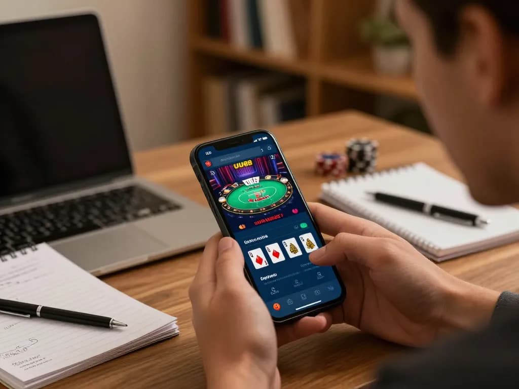 Engaging mobile gaming experience with the UU88 bet app, displaying vibrant poker graphics and a player strategizing.