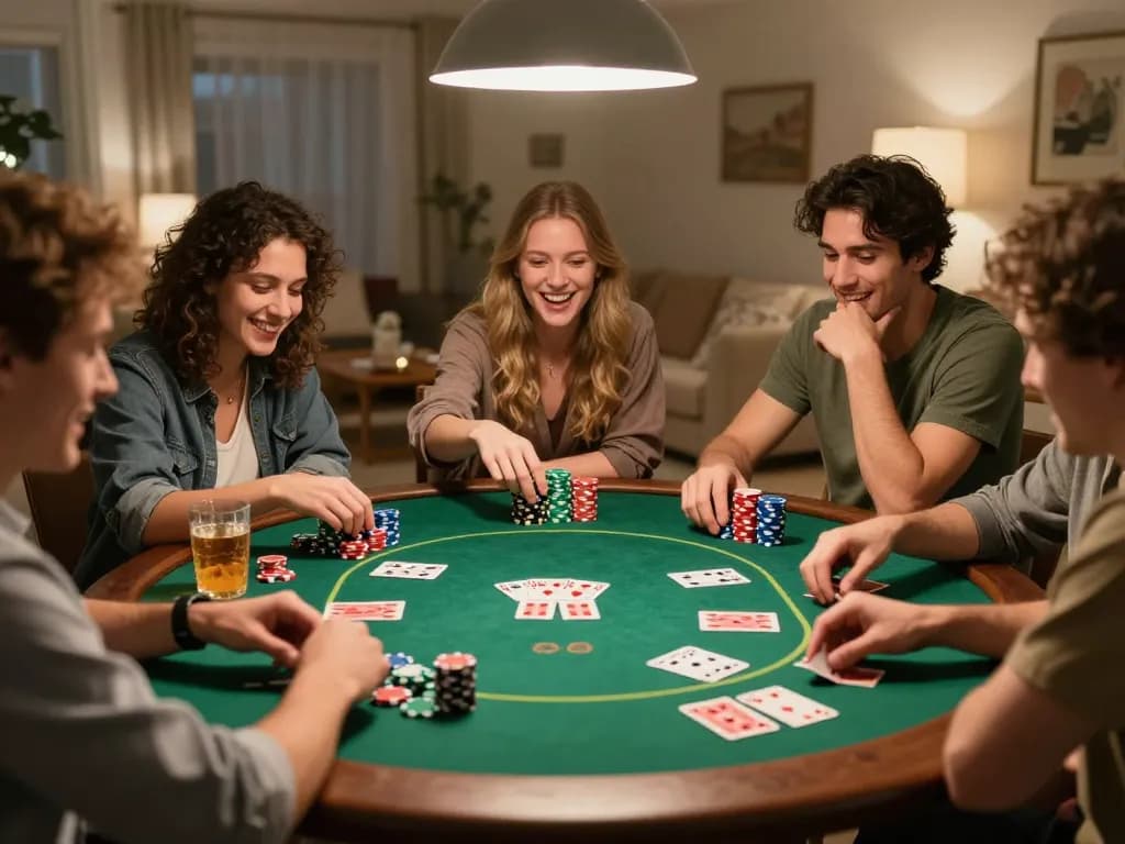 Playing poker with friends in a cozy setting while discussing slot gacor hari ini strategies and tips.
