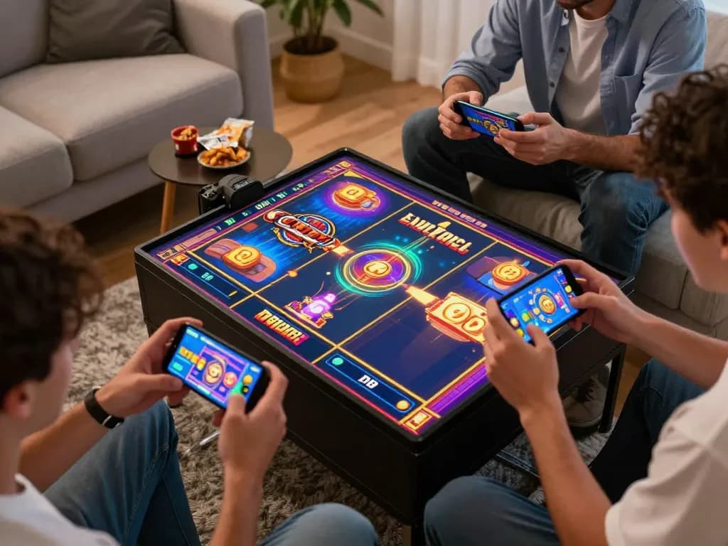 Online gaming excitement with players enjoying BUKA77 slots on smartphones in a cozy living room.