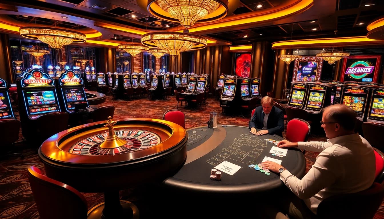 Vivez l'excitation et le luxe du meilleur casino en ligne avec des tables vibrantes, une roue de roulette et des joueurs enthousiastes.