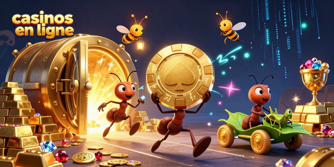 Vivez l'aventure des casinos en ligne avec des fourmis transportant un jeton en or et des trésors scintillants.