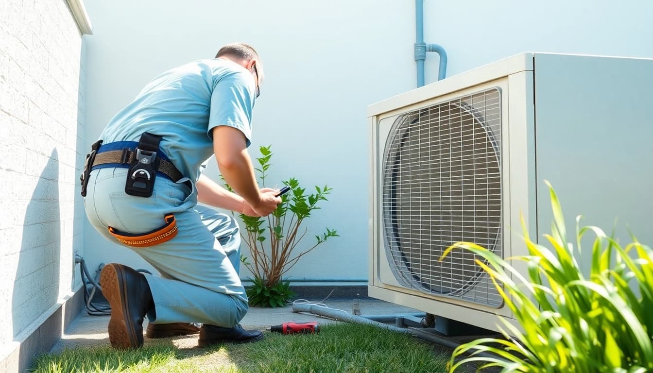 Expert AC repair Mesa AZ technician servicing an air conditioning unit in a sunny backyard.