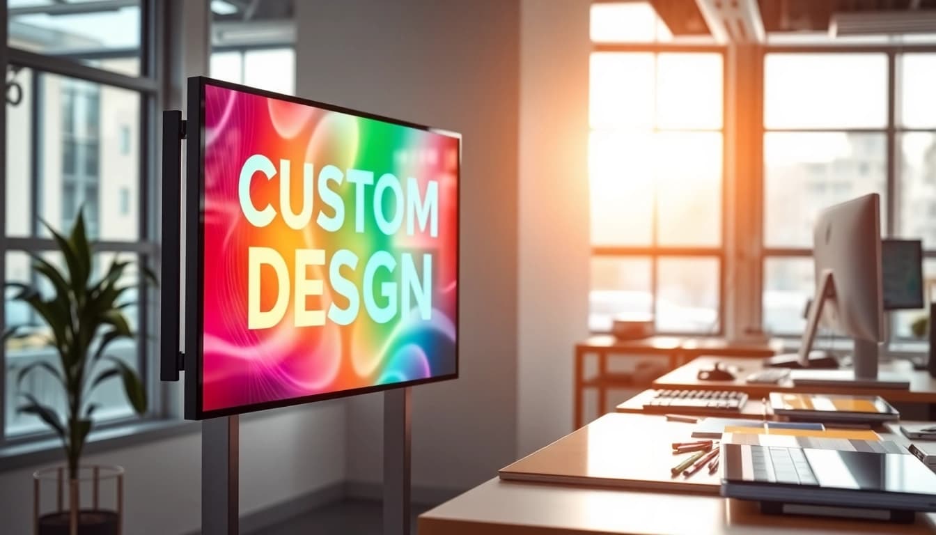 Showcase creative sign design with vibrant displays and professional workspace.