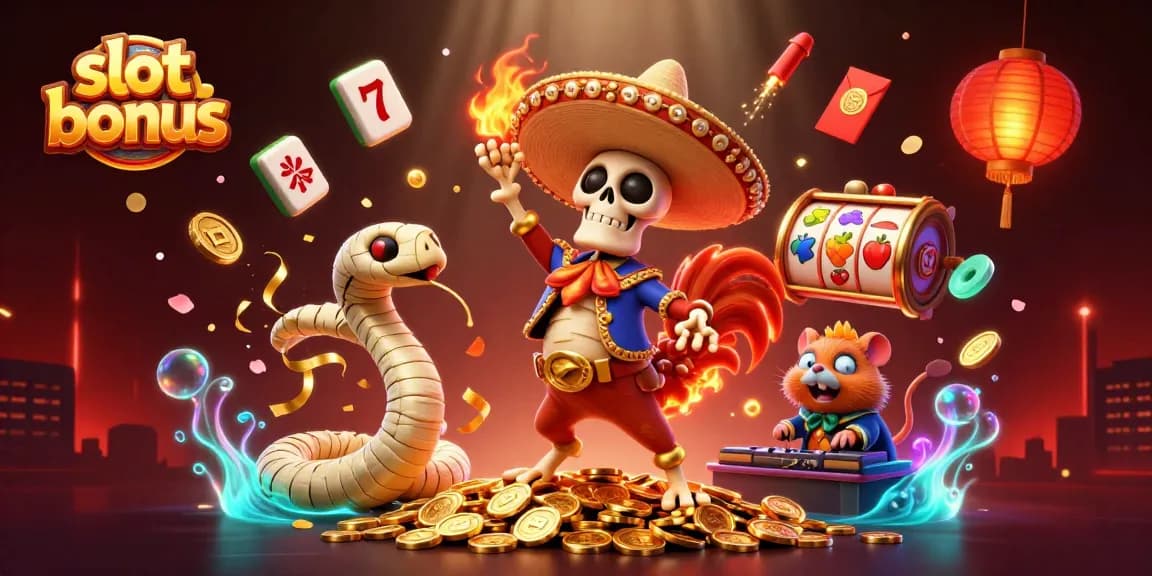 Experience the excitement of slot bonus games with our vibrant casino illustration featuring lively characters.