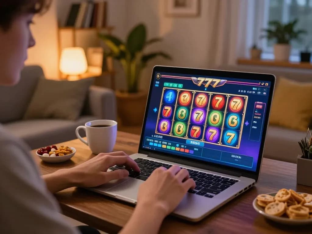 Engaging home player spinning reels on slot77, showcasing dynamic online gaming experience