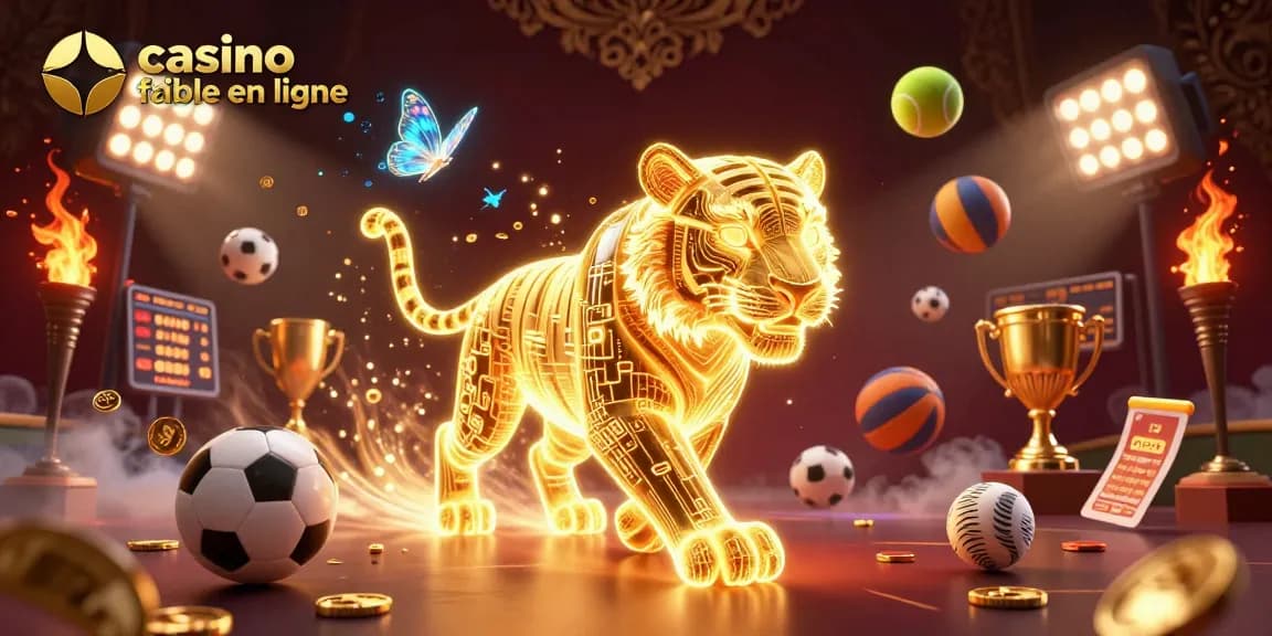 Plongez dans l'univers du casino fiable en ligne avec un tigre doré dynamique, des boules de sport volantes et des éléments de jeu captivants.