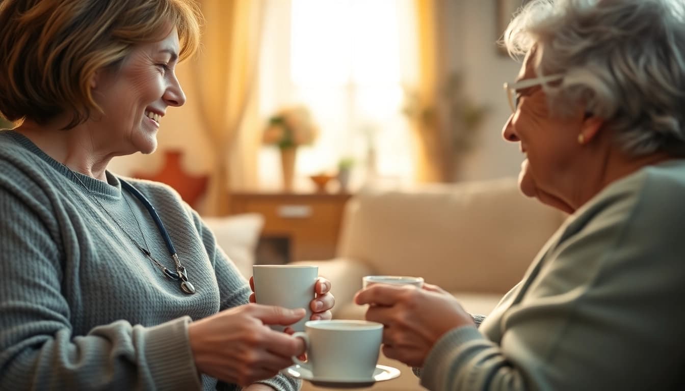 Engaging scene of austin senior home care with caregivers assisting elderly clients in a warm environment.