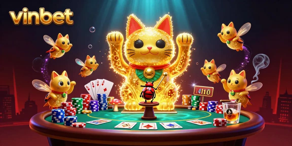 Experience winning strategies with vinbet's dynamic gambling scene featuring a lucky cat.