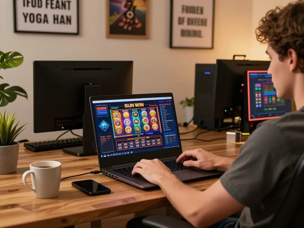 SUN WIN online gaming excitement as player engages with vibrant slot machines on laptop.