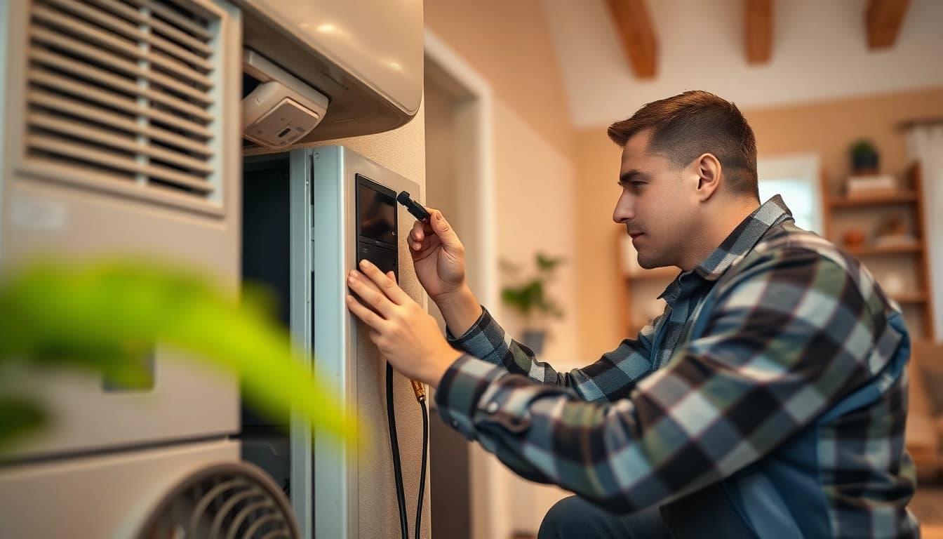 Technician performing heating repair south salem in a warm living room.