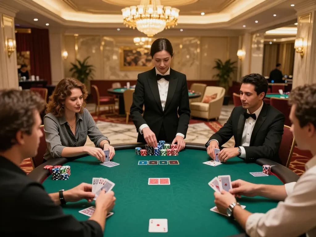 TG88 poker players engaged in a luxurious casino atmosphere, showcasing strategic gameplay and excitement.