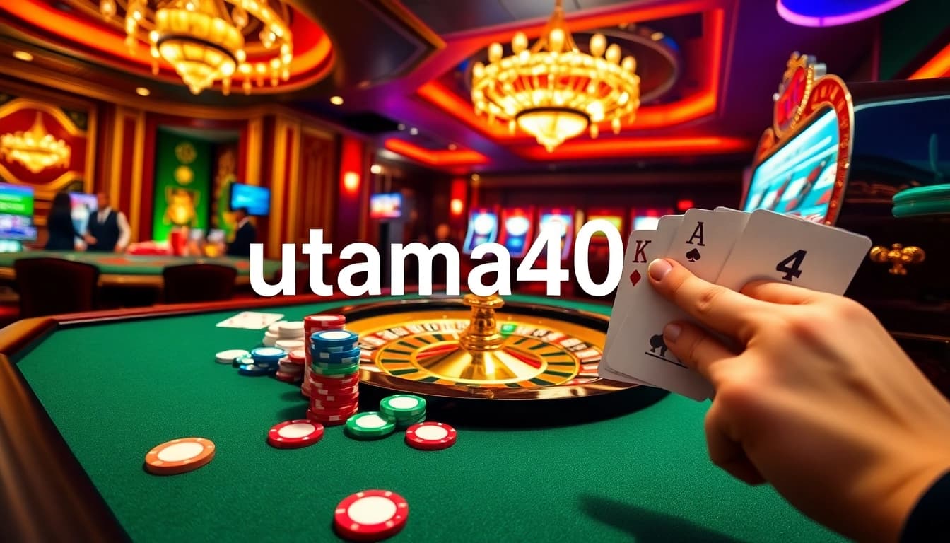 Adegan kasino yang mendebarkan menampilkan Utama4D Daftar dengan meja roulette dan kartu poker.