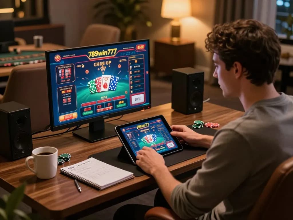 Player engaging with 789win777 online casino interface on a tablet during a relaxed gaming session