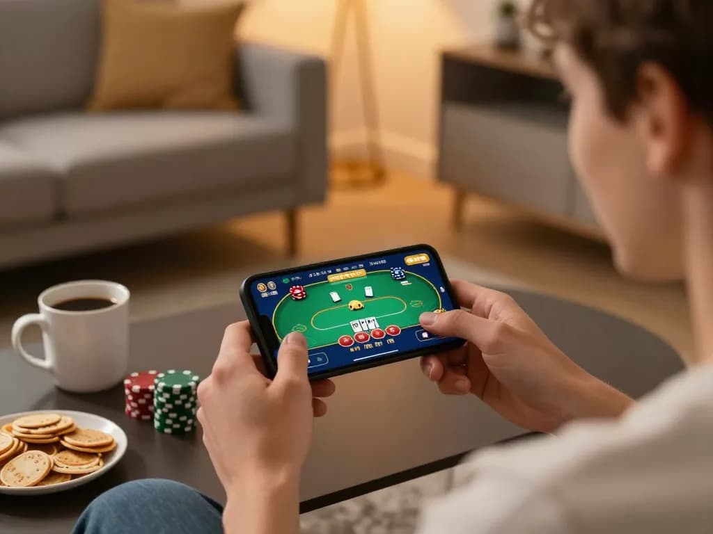 Engaging in mobile gaming at Trang chủ Bet88, a dynamic poker game on-screen in a cozy home environment.