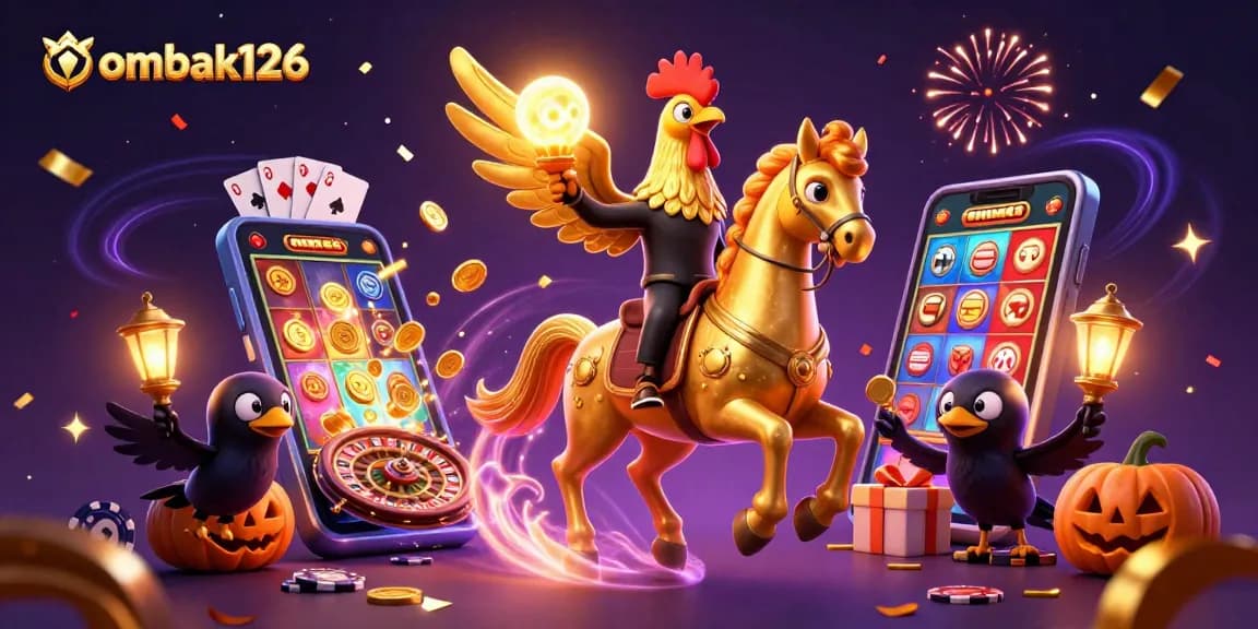 Spin winning reels at ombak126 as golden rooster and glowing companions bring excitement to the casino.