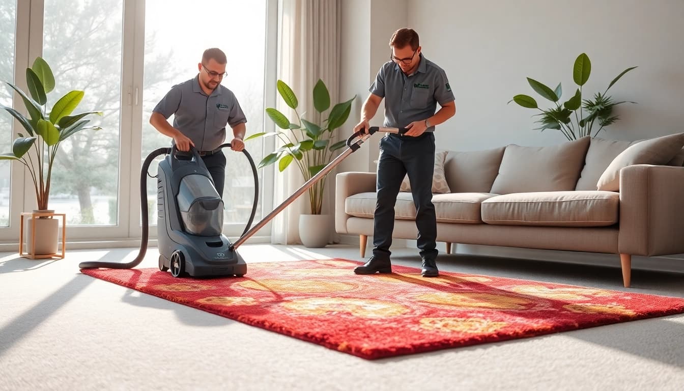 Experience exceptional carpet cleaning near me with a technician in action in a bright living room.