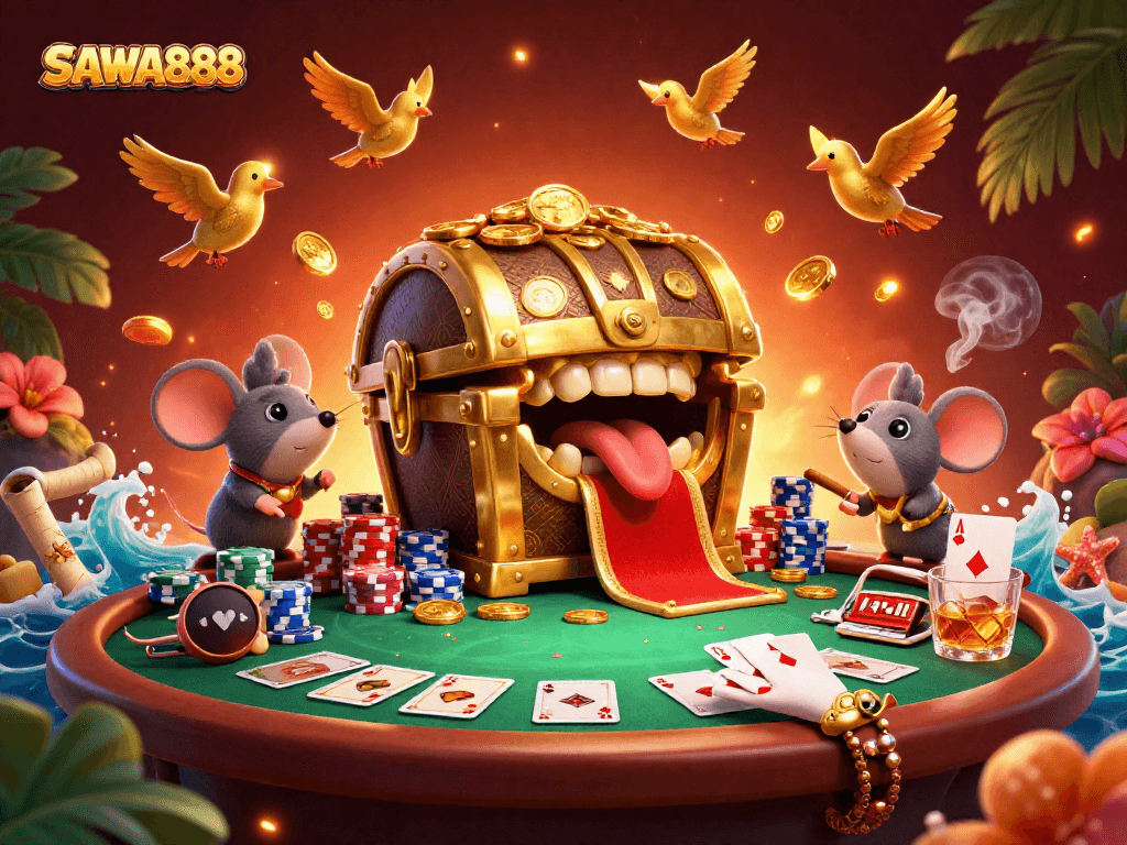SAWA888 offers immersive game experiences with a treasure chest and poker setup, showcasing casino excitement.