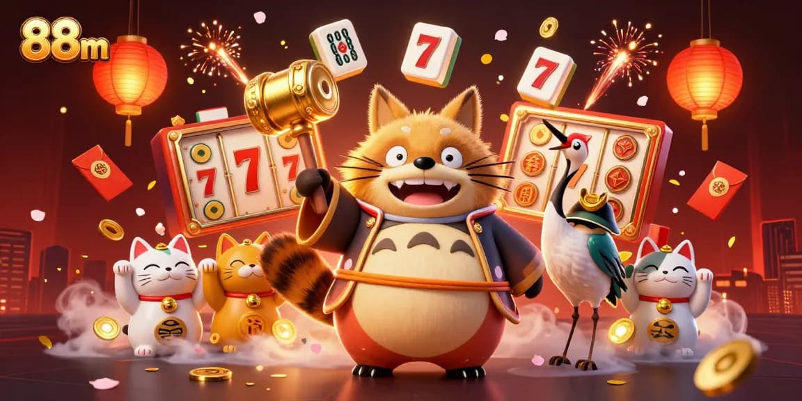 Engage with 88m's exciting slot experience featuring a cheerful tanuki and festive elements in a vibrant casino scene.
