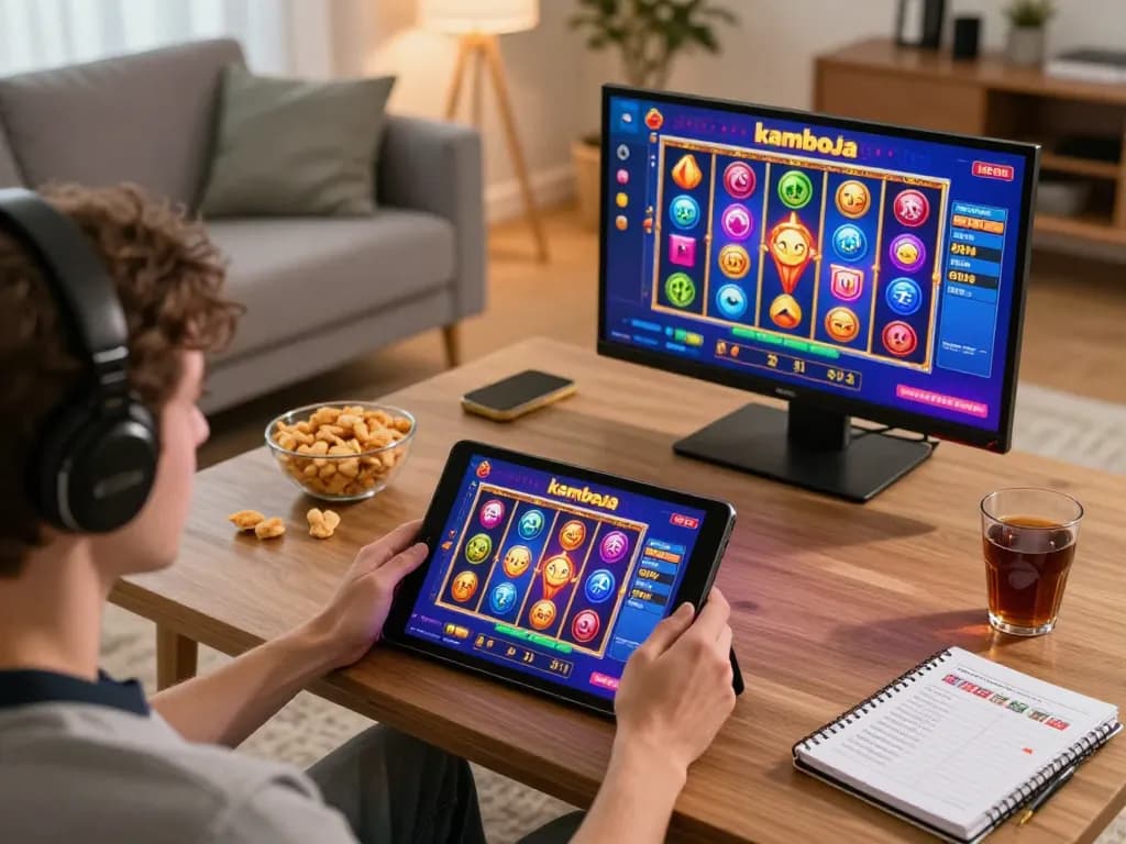 Person playing kamboja slot on a tablet in a cozy living room, showcasing vibrant game graphics and comfortable setting.