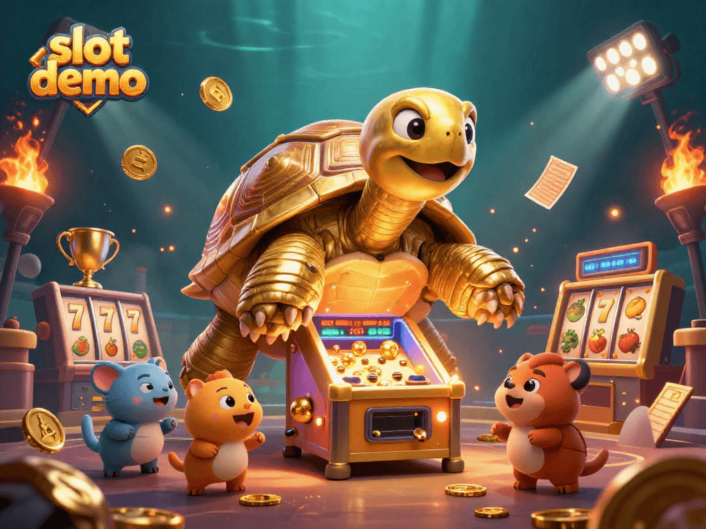 Slot demo interaktif dengan simbol 7 keberuntungan dan koin emas bertebaran di sekitar kura-kura pinball.