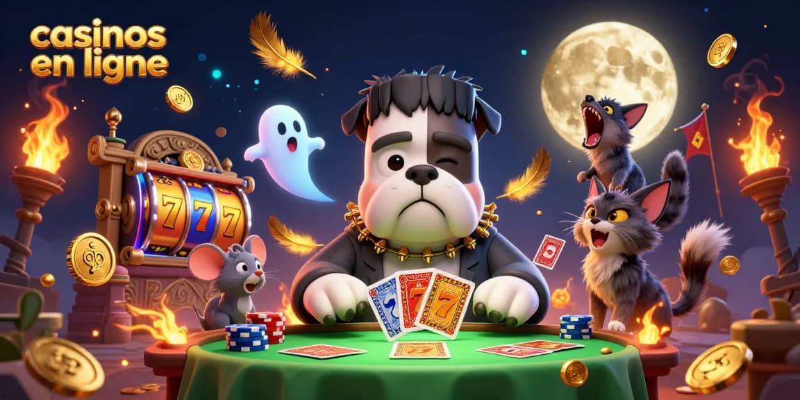 Jouez avec des casinos en ligne grâce à un bulldog Frankenstein et un chat loup captivants dans une scène dynamique.