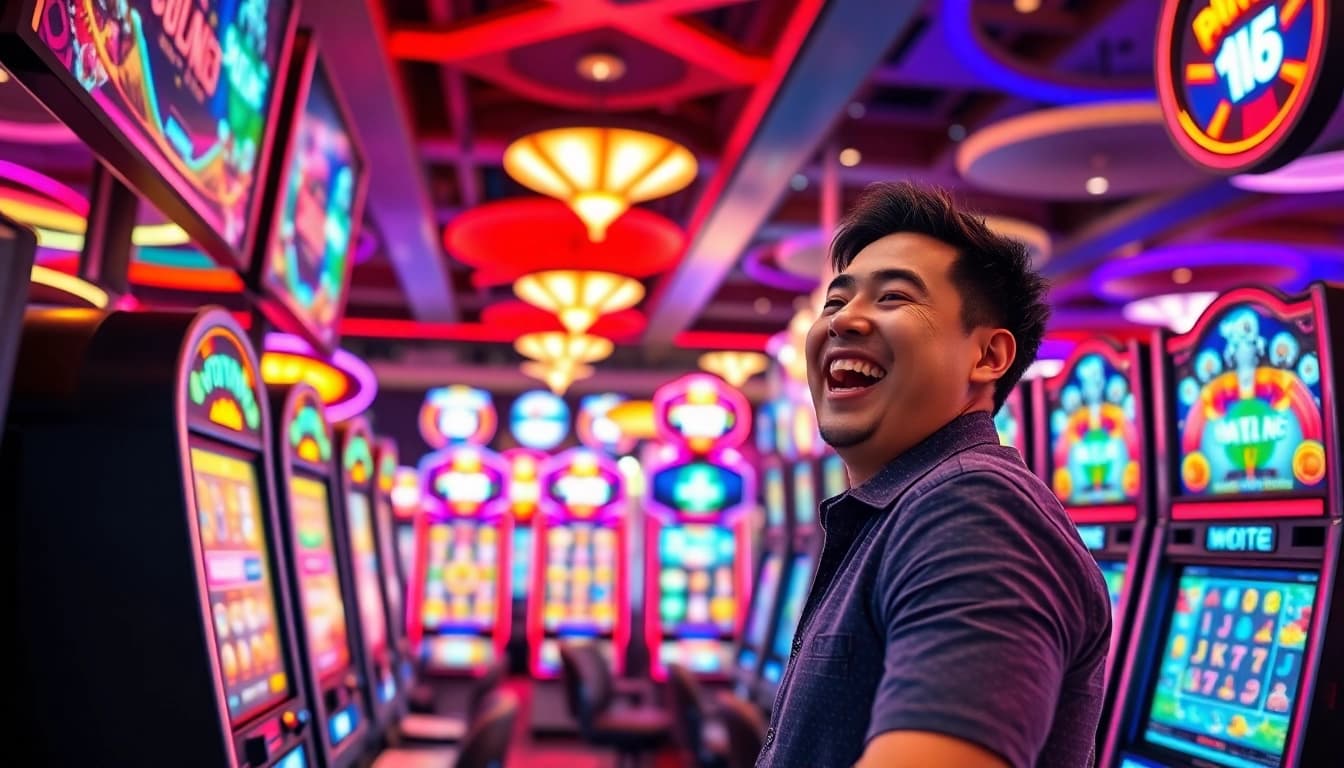 Engaged player enjoying Online slots Uk games in a vibrant casino environment.