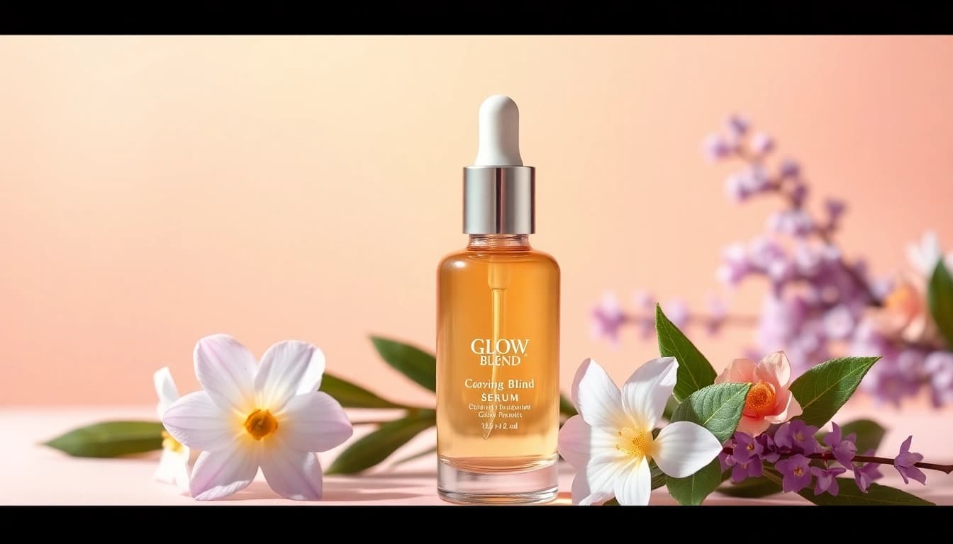 Showcase of Glow Blend serum surrounded by botanical elements in a soft pastel setting.