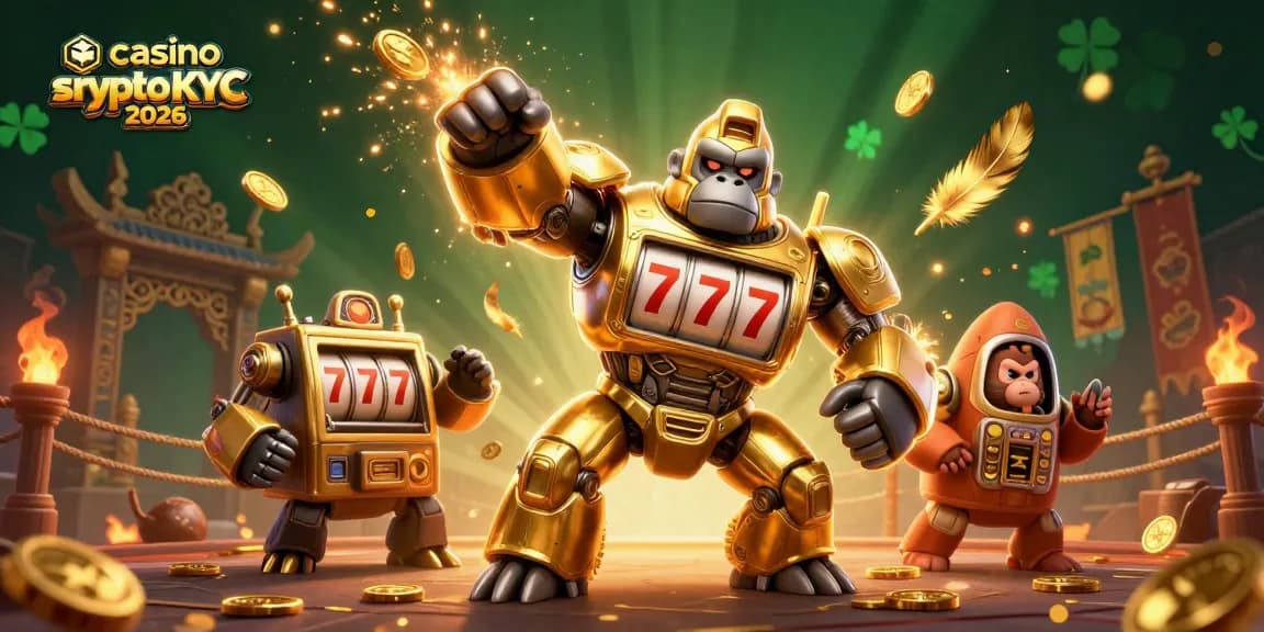 Lecture des jeux passionnants dans un casino crypto sans KYC 2026 illustré avec un gorille mécanique doré.