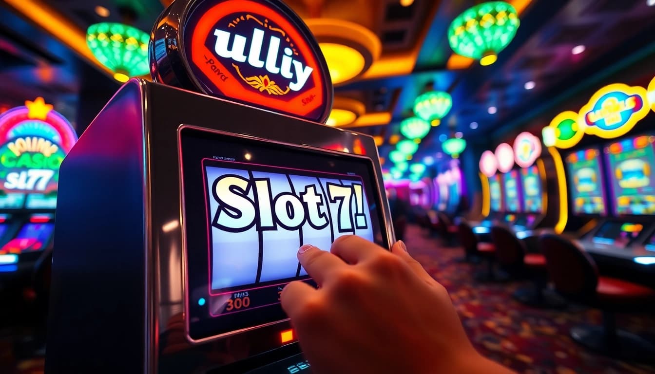 Bermain di Slot77 dengan slot machine berwarna cerah dan suasana kasino yang meriah.