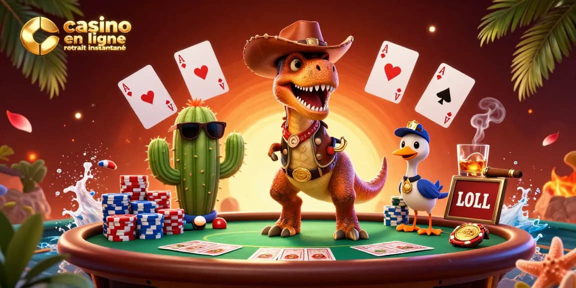 Casino en ligne retrait instantané avec un T-Rex, cactus et roadrunner au poker. Jouez intensément!