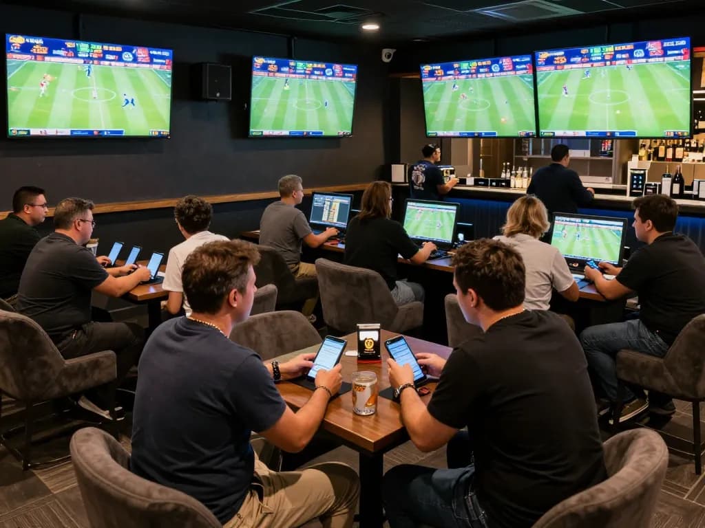 KÈO TRỰC TUYẾN showing patrons engaging in dynamic sports betting at a modern lounge with live matches.