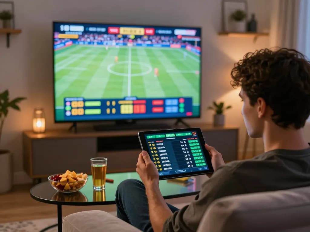 Engaging online sports betting session on Jagoan86 through a tablet in a cozy home setting.