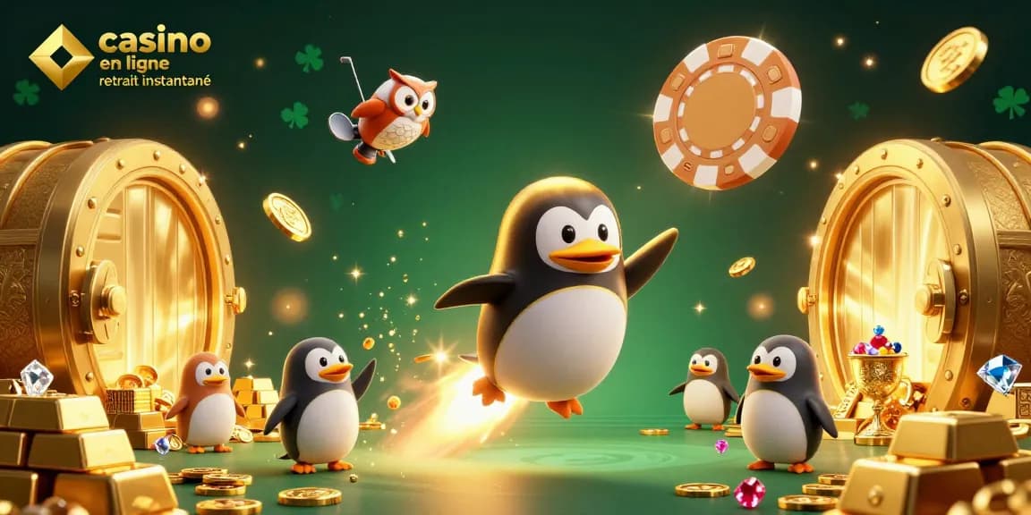 Profitez des jeux au casino en ligne retrait instantané avec un pingouin doré en pleine action.