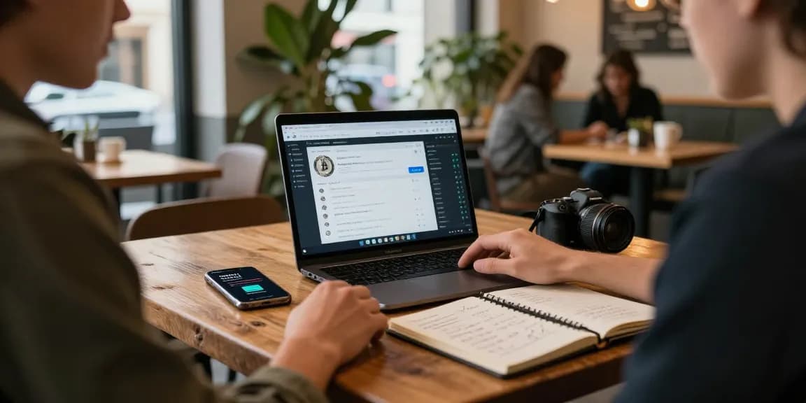 bitcoin cloud mining in an urban coffee shop with laptop and smartphone.