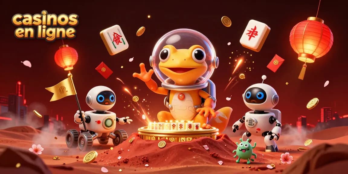 Explorez les casinos en ligne avec un gecko martien découvrant un casino doré sur Mars.