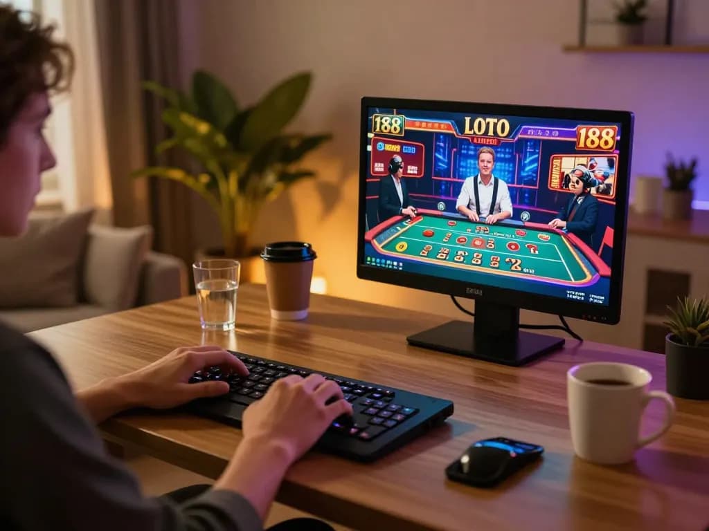 Engage with LOTO 188's thrilling live casino experience from home using a laptop.
