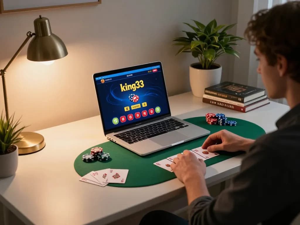 Engaging with king33 on a laptop at home, showcasing a cozy online gambling setup.