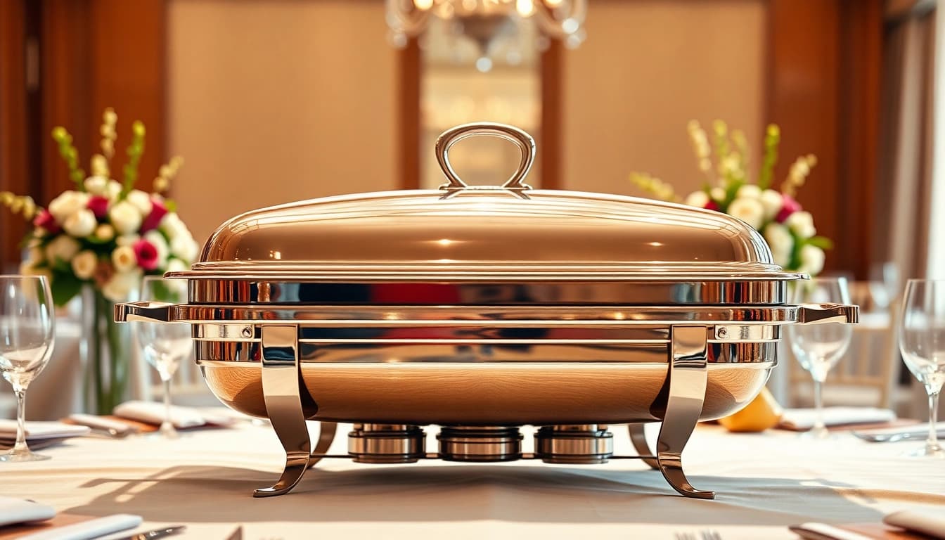 Elegant chafing dish on a banquet table with floral decor, showcasing festive luxury.