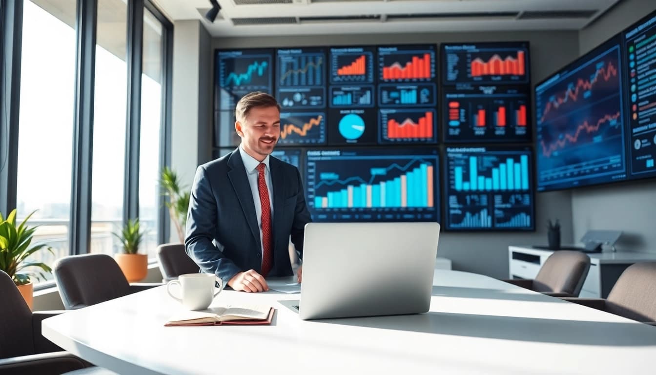 Crisis management consultant analyzing data in a professional office environment.