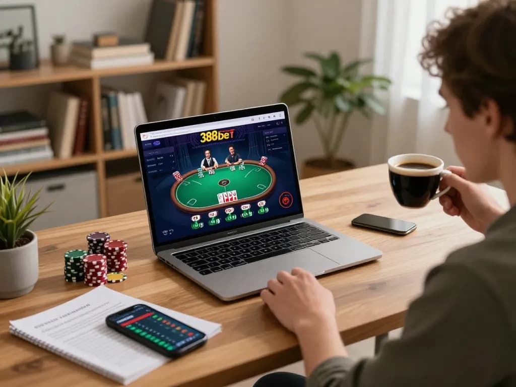 Engaging online gambling session at 388bet showcasing poker gameplay with strategic analysis.