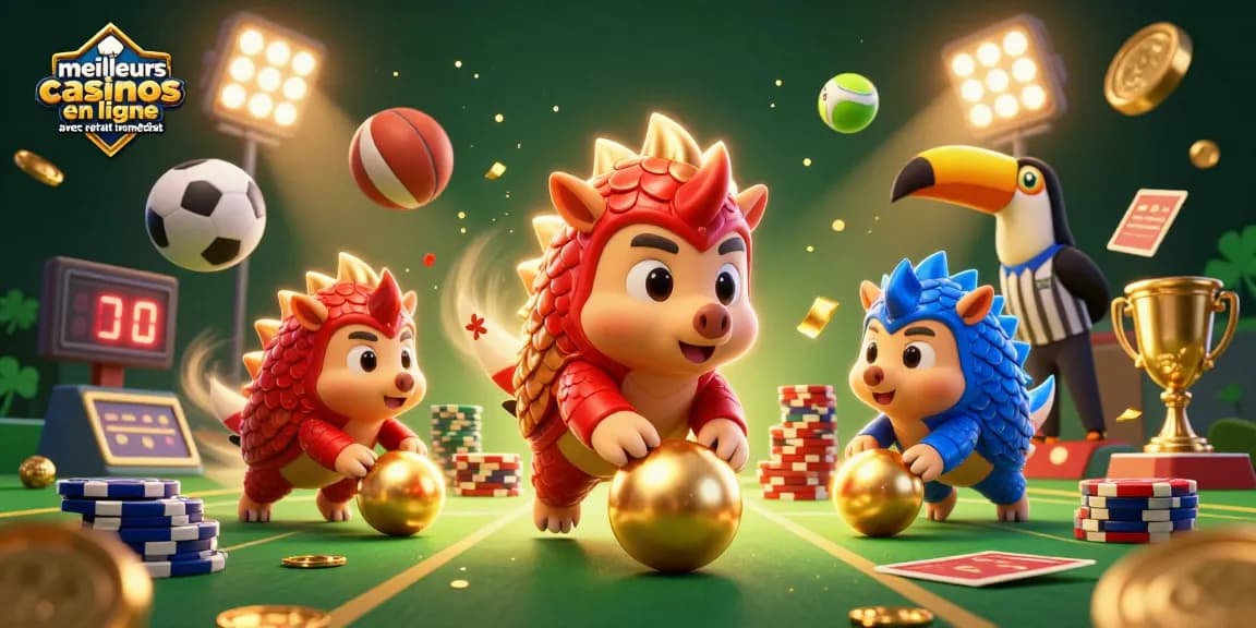 Jouez dans les meilleurs casinos en ligne avec retrait immédiat, mettant en avant des pangolins rivaux et des éléments de casino dynamiques.