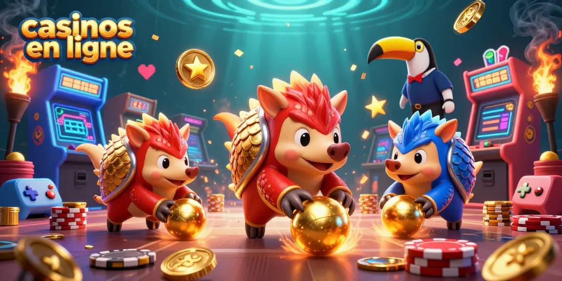Jeux captivants sur les casinos en ligne illustrés par des pangolins rivaux et des machines colorées.
