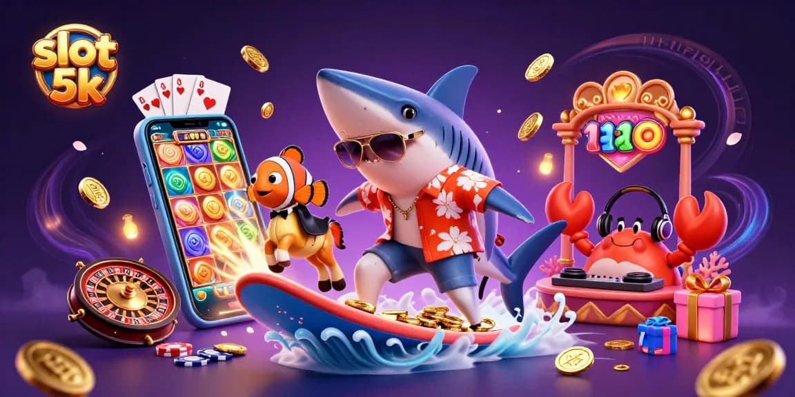 Experience thrilling fun with slot 5k as a hammer-head shark surfs on gold coins amidst dynamic casino elements.