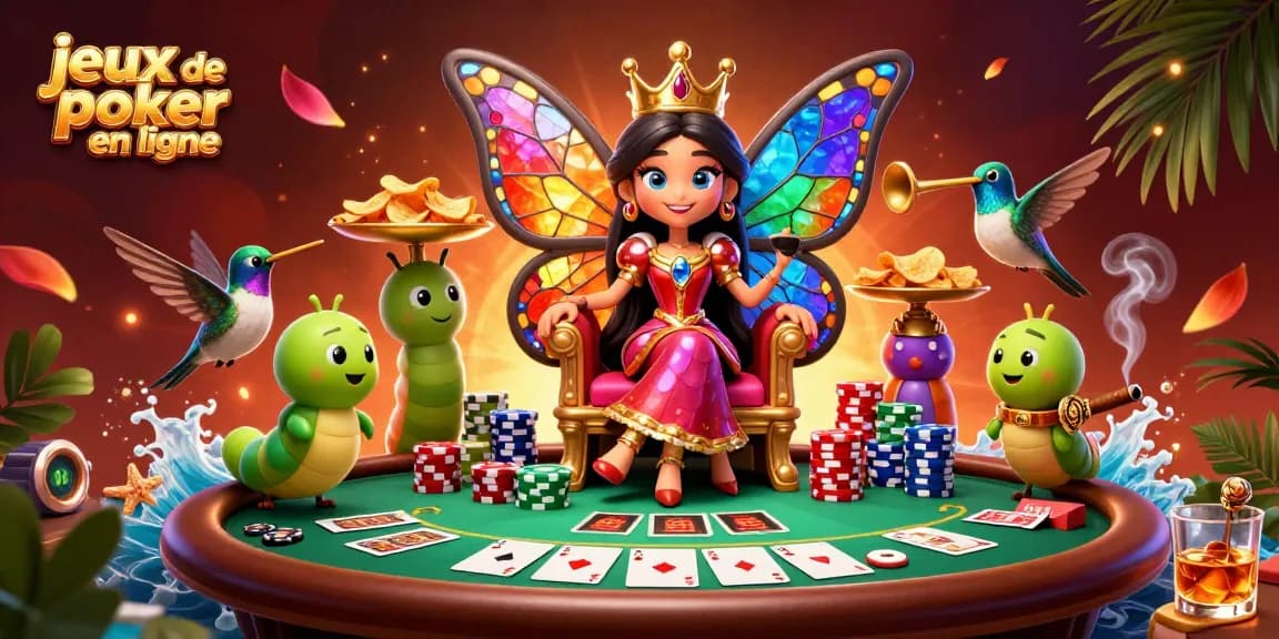 Jouez à des jeux de poker en ligne avec des personnages dynamiques et des jetons colorés dans un décor vibrant.