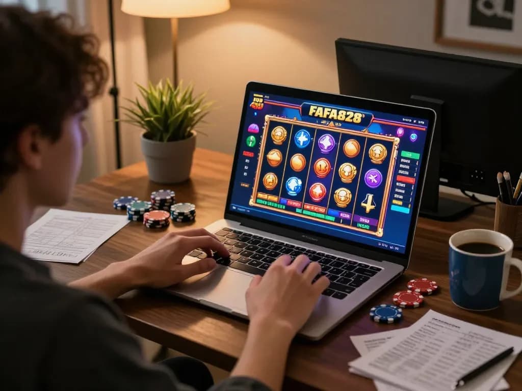 Engaged player using FAFA828 on laptop, showcasing vibrant online slot gameplay.