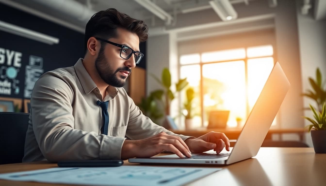 Cyberdan cybersecurity expert analyzing data in a modern office for enhanced security.