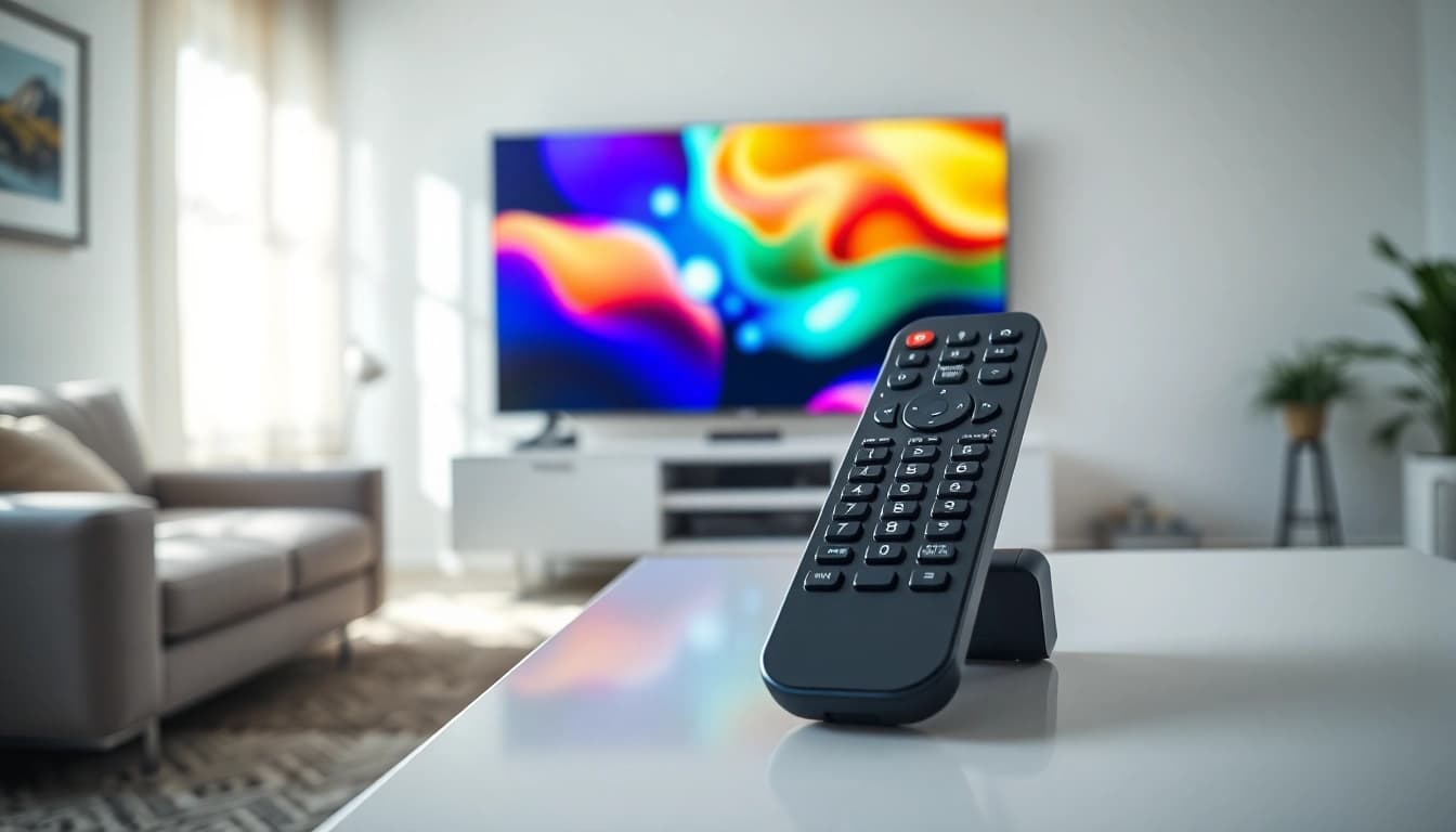 Verwendung des Samsung BN59-01358B Fernbedienung in einer stilvollen Wohnzimmerumgebung.