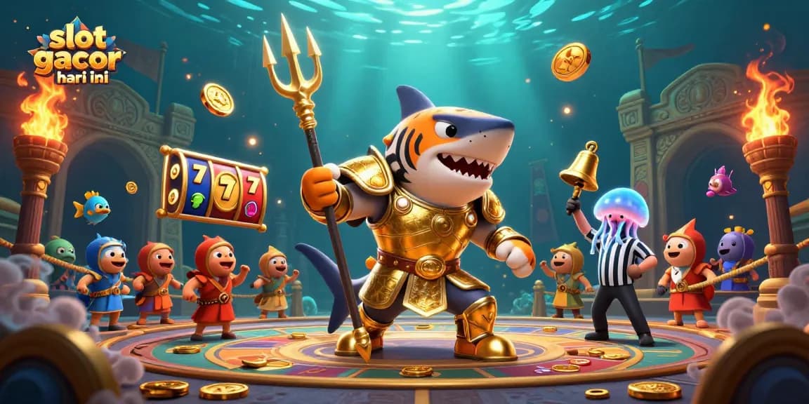 Experience the thrill of the slot gacor hari ini underwater scene with a fierce tiger shark in gladiator armor.
